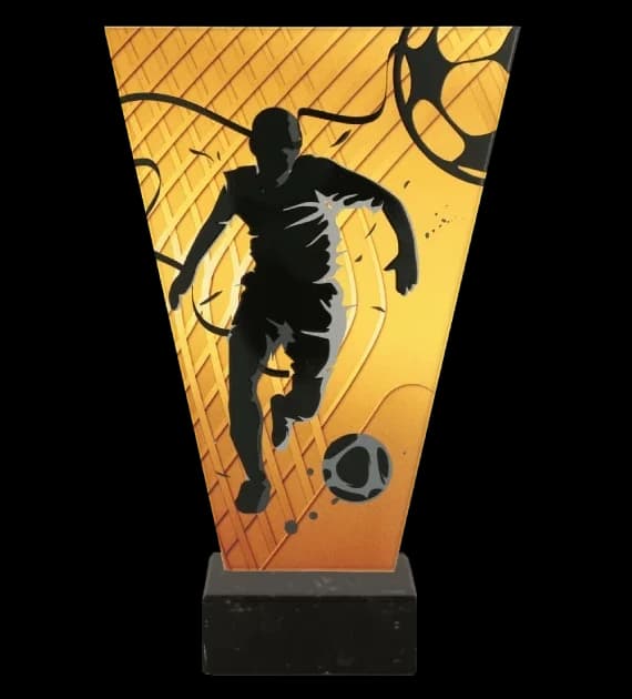 Monochrome glass trophy on marble base - FOOTBALL PLAYER