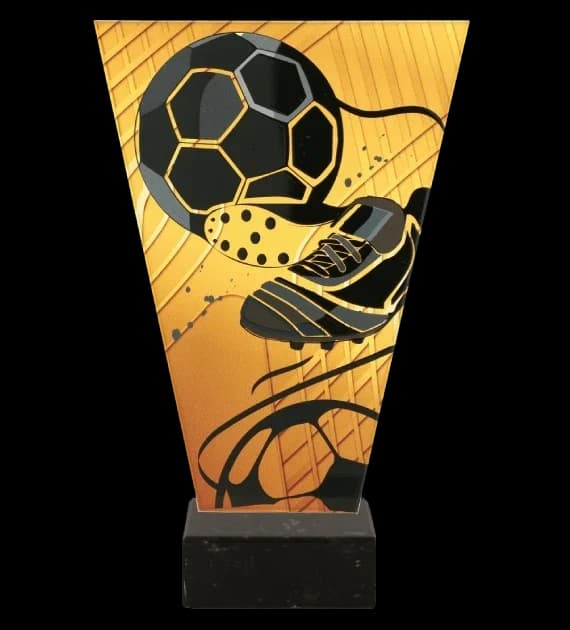 Monochrome glass trophy on marble base - FOOTBALL BALL BOOT