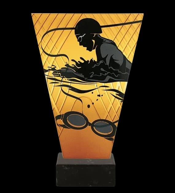 Monochrome glass trophy on marble base - SWIMMING