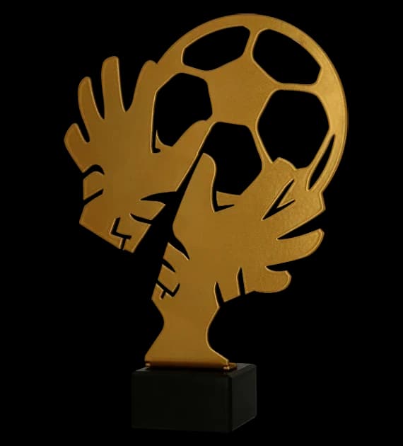 Metal trophy with marble base - Football goalkeeper glove + ball - ver. 2